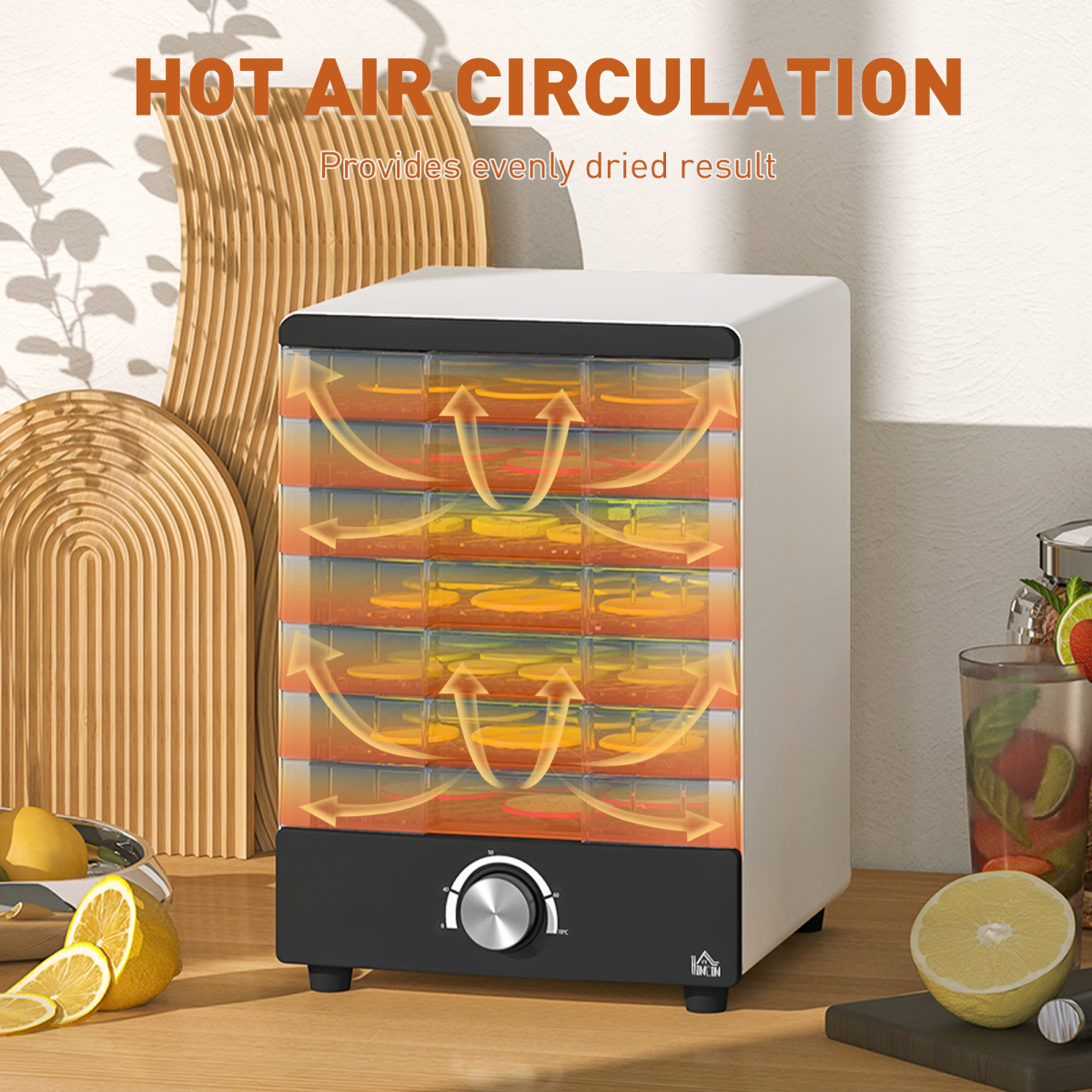HOMCOM 7-Tray Stainless Steel Food Dehydrator for Fruit & Meat, White