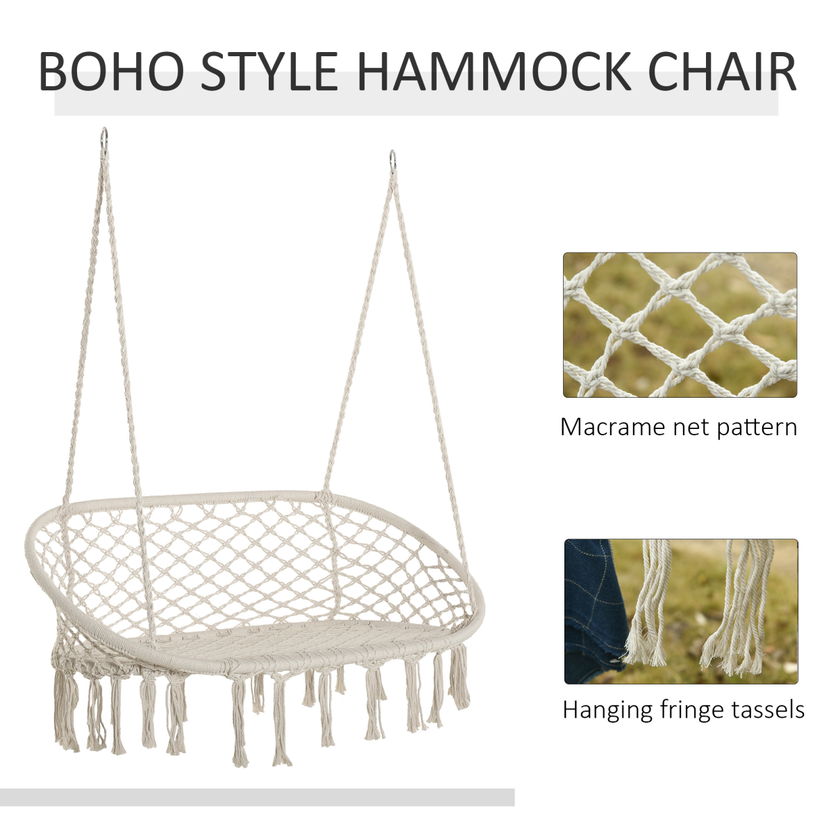 Outsunny Hanging Hammock Chair, Cotton Rope Macrame Swing with Metal Frame, Large 2-Seater, Cream White
