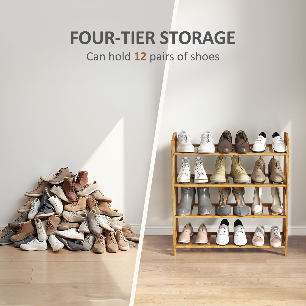 HOMCOM 4-Tier Bamboo Shoe Rack Shelf Stand, Natural Finish