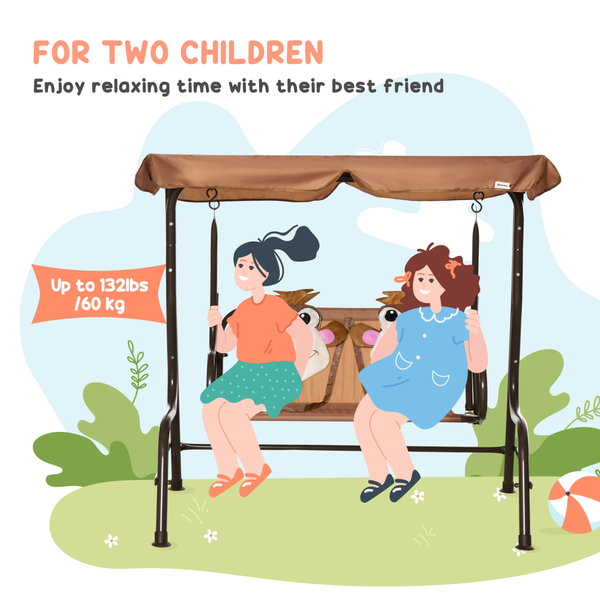 Two-Seat Kids Canopy Swing Chair Adjustable Awning, Seatbelt