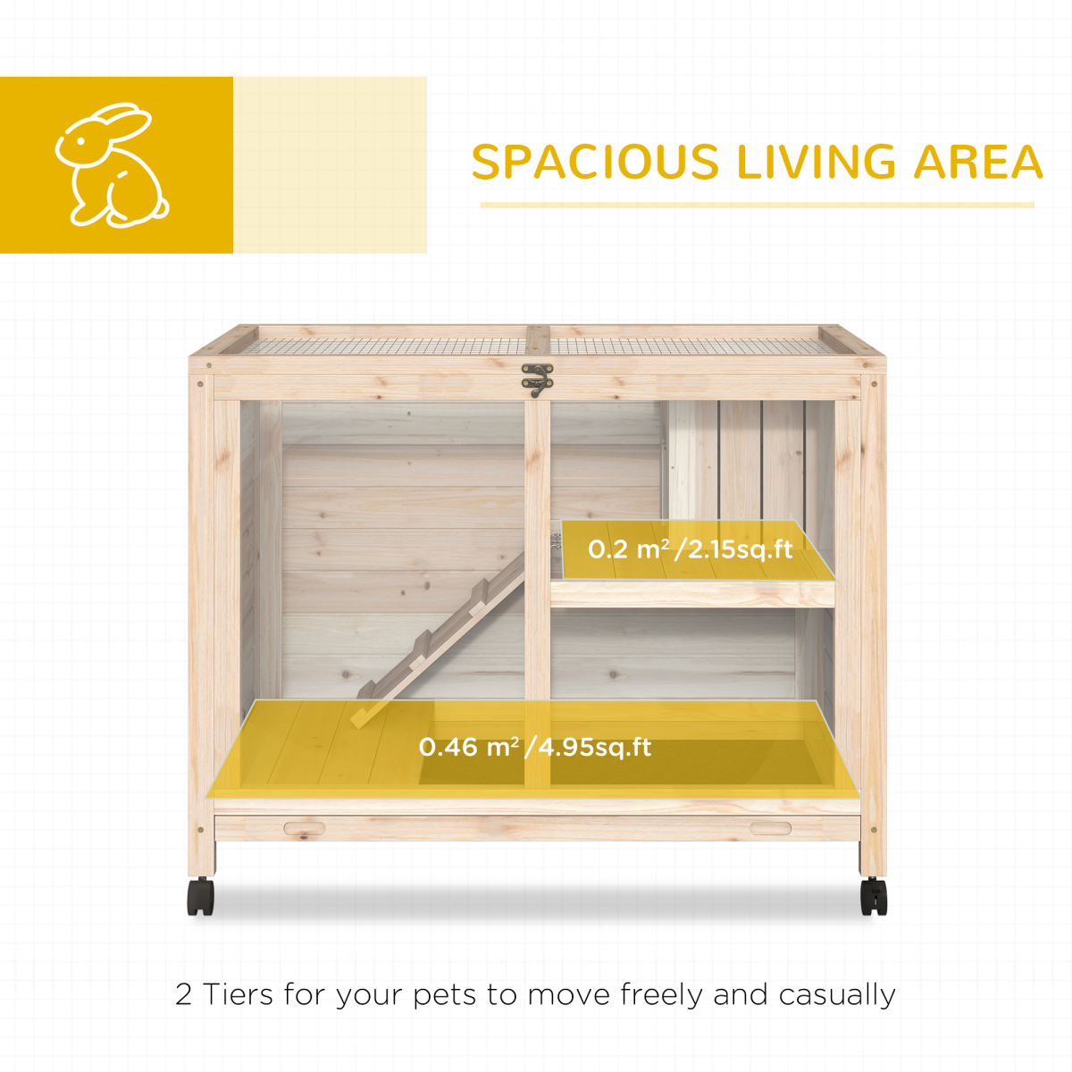 PawHut Indoor Rabbit Hutch for Rabbits, Guinea Pigs and Large Rodents, 2-Tier Wooden Cage with Openable Roof, Large Entrance, Latch Door and Pull-Out Tray, Natural