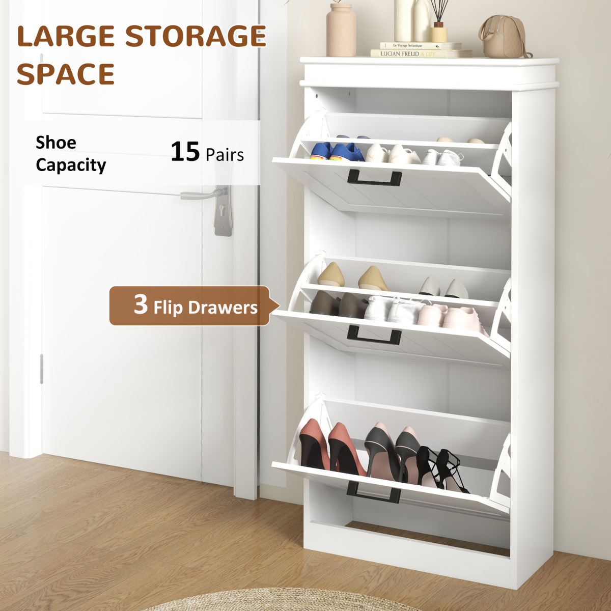 HOMCOM Slim Shoe Storage Cabinet with 3 Flip Drawers, White