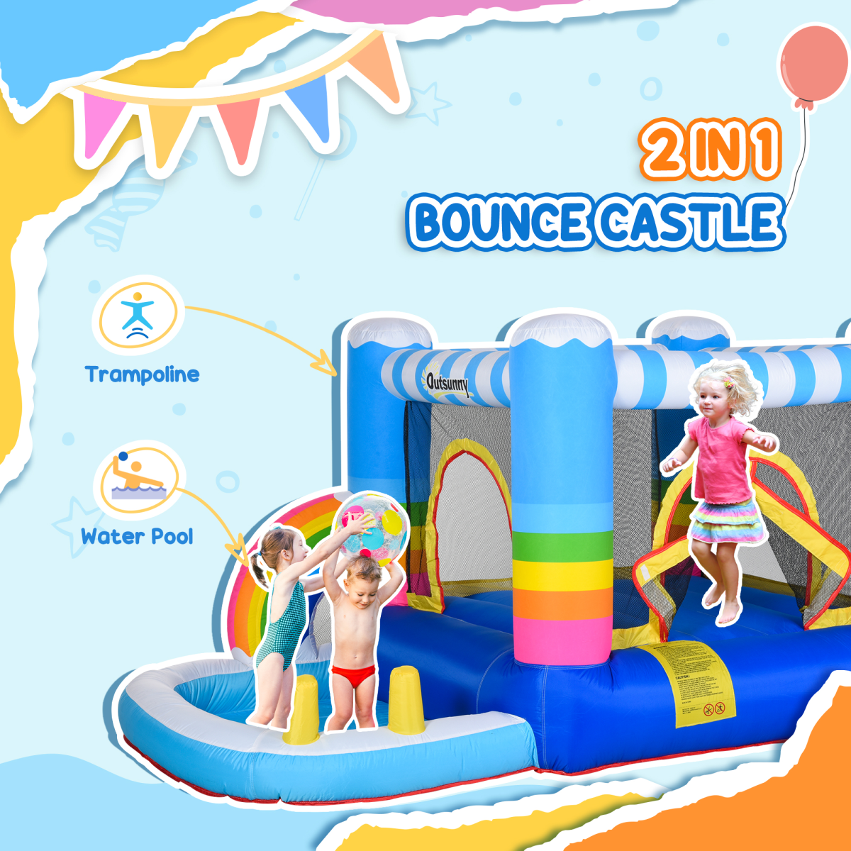 Kids Bouncy Castle Trampoline with Pool, Net & Blower, 3-8 Years