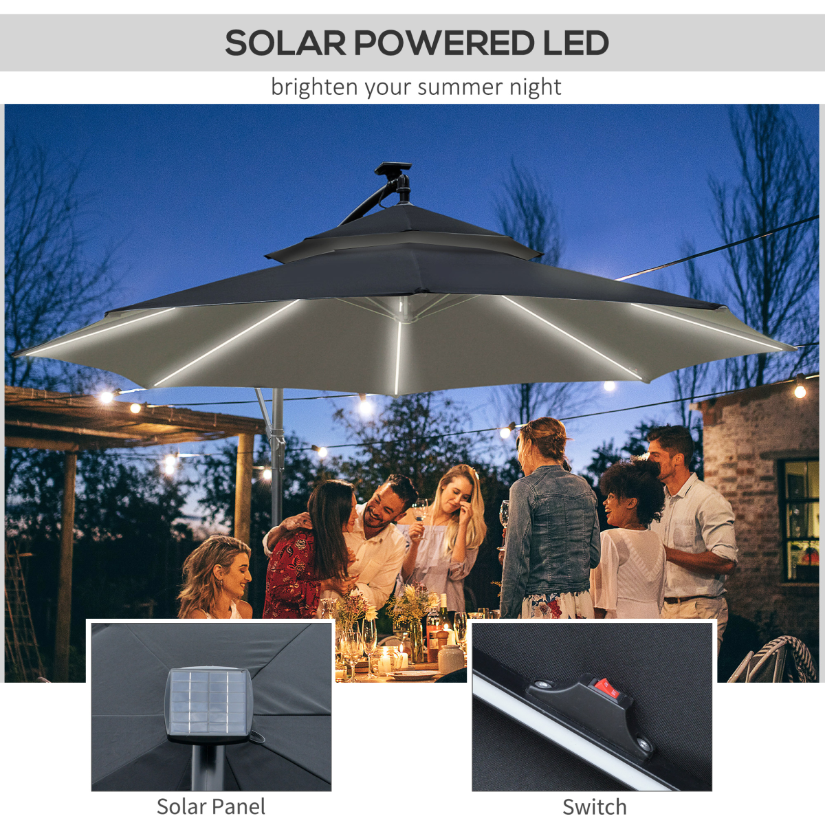 Outsunny 3m Offset Cantilever Parasol with Solar LED Lights, Black