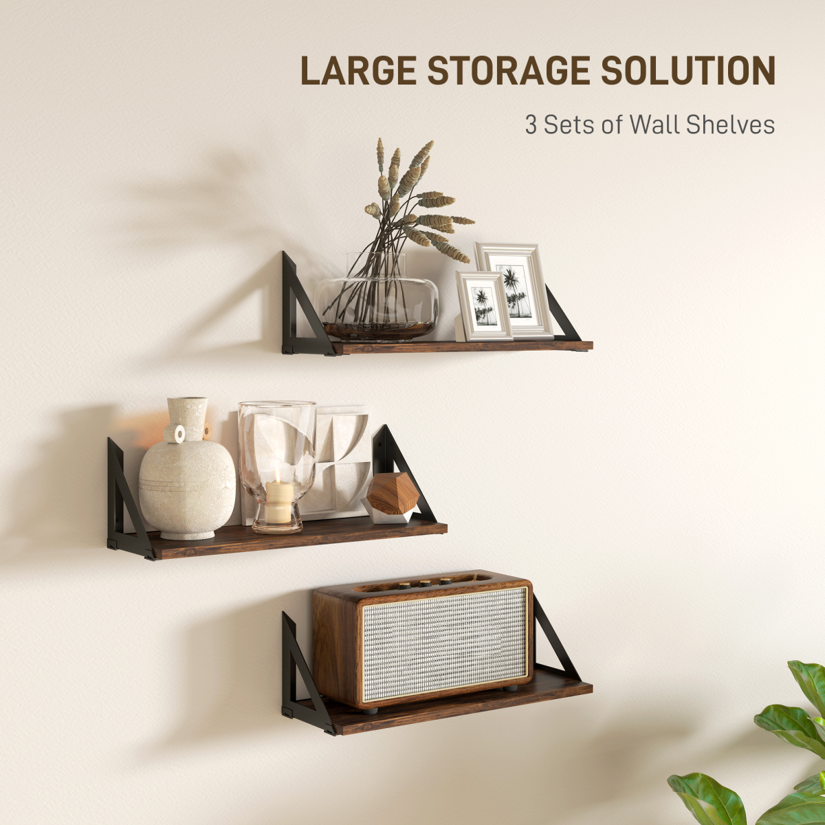 HOMCOM Set of 3 Vintage Wall Shelves, Rustic Brown