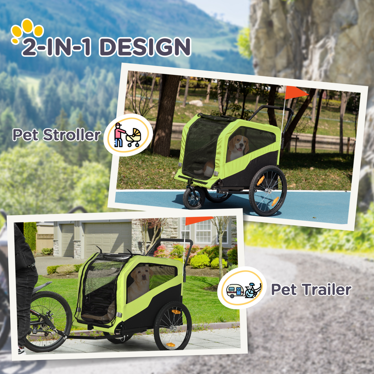 PawHut 2-in-1 Dog Bike Trailer & Stroller for Large Dogs, Green