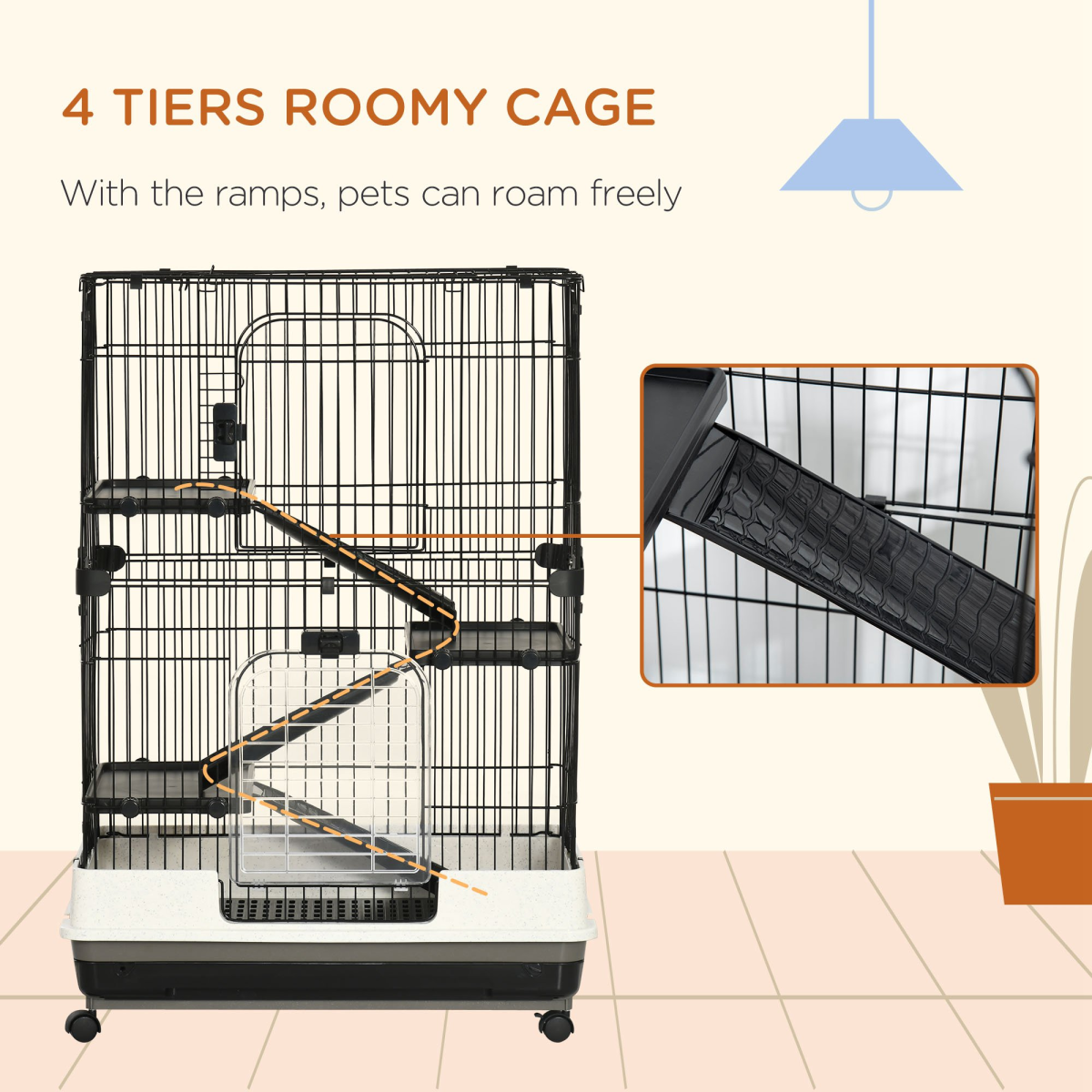 PawHut 3-Tier Small Animal Cage with Ramp for Rabbits, Ferrets