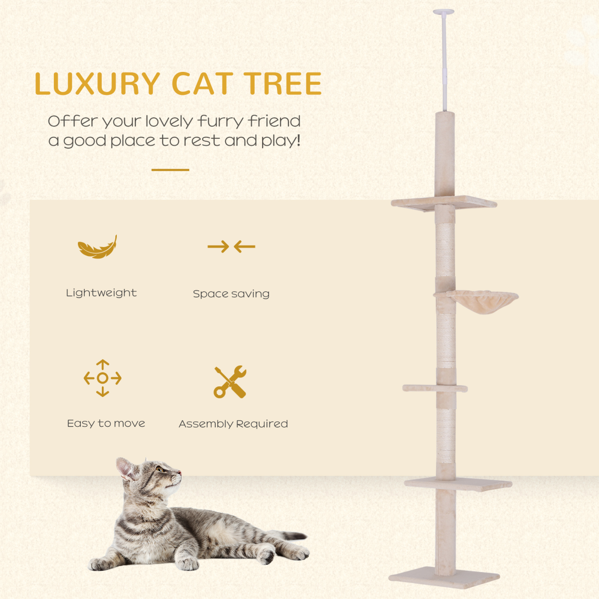 Pawhut 5-Tier Floor to Ceiling Cat Tree with Scratching Post, Adjustable 230-260cm Kitty Tower Activity Center