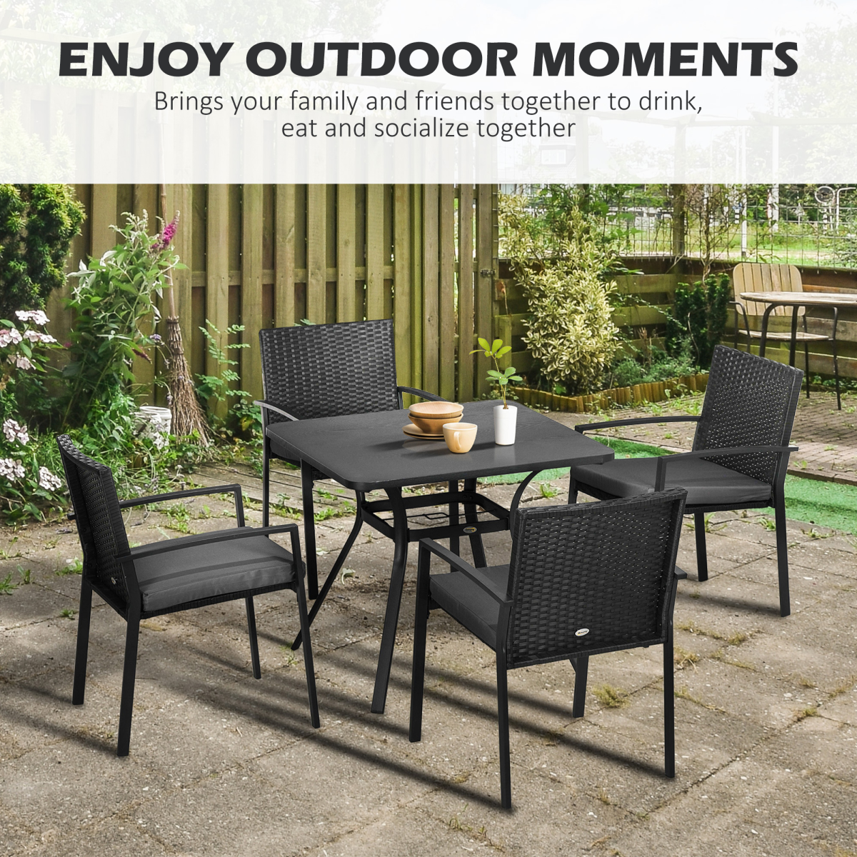Outsunny 4-Seater Rattan Garden Dining Set with Umbrella Hole - Black