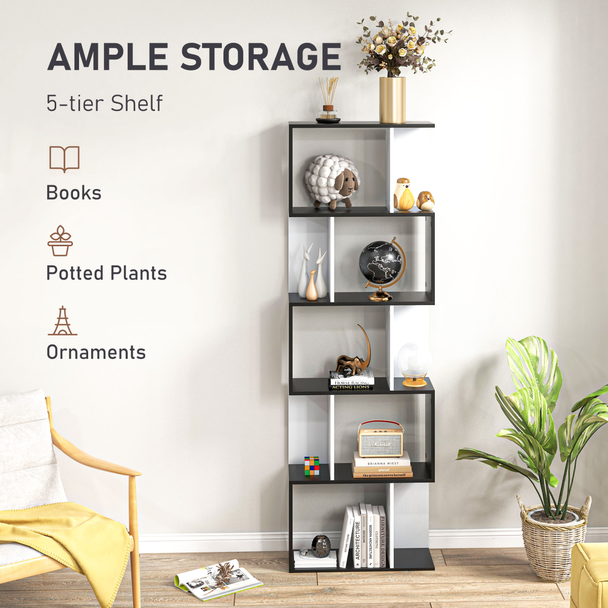 HOMCOM 5-Tier S-Shaped Bookcase Shelf Divider, Open-Back Display Storage Unit, Black
