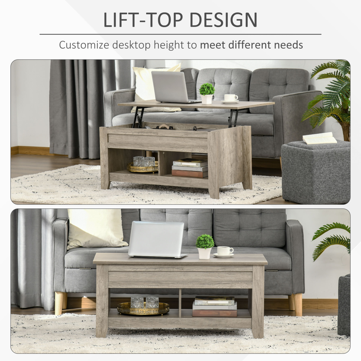 Lift Top Coffee Table with Hidden Storage & Shelves, Oak