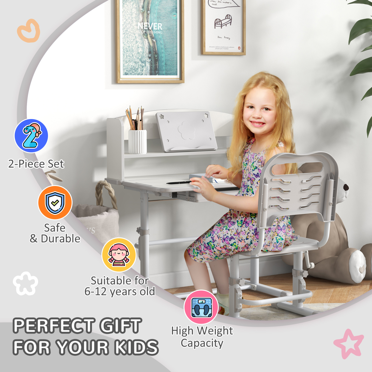 ZONEKIZ Adjustable Kids Desk and Chair Set with Drawer & Bookshelf, Grey