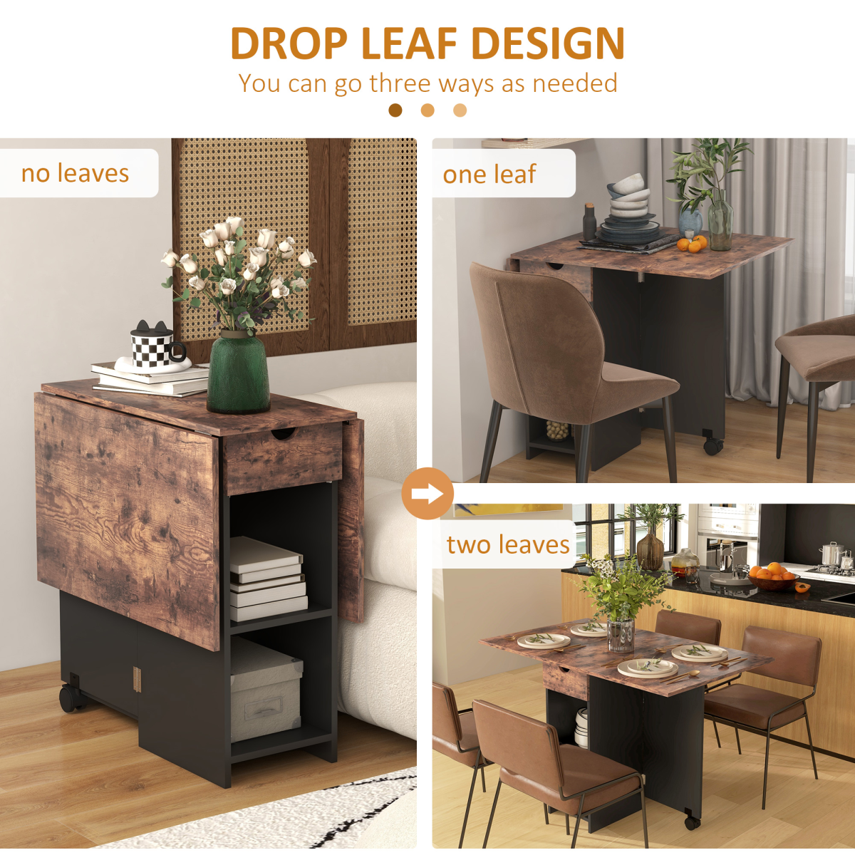 Expandable Drop Leaf Dining Table with Storage, Seats 4, Rustic Brown