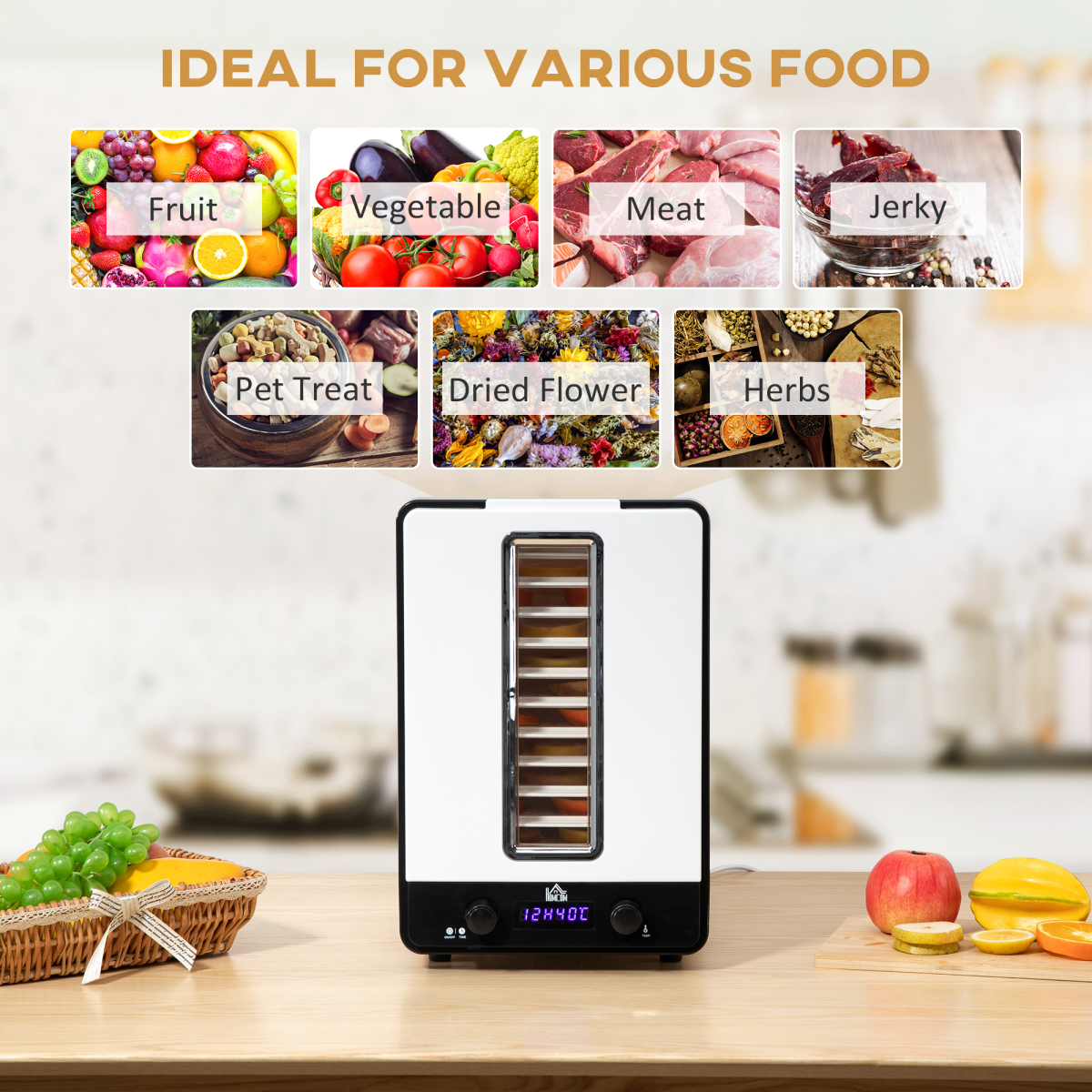 HOMCOM 11-Tier 550W Food Dehydrator with Adjustable Temperature, White