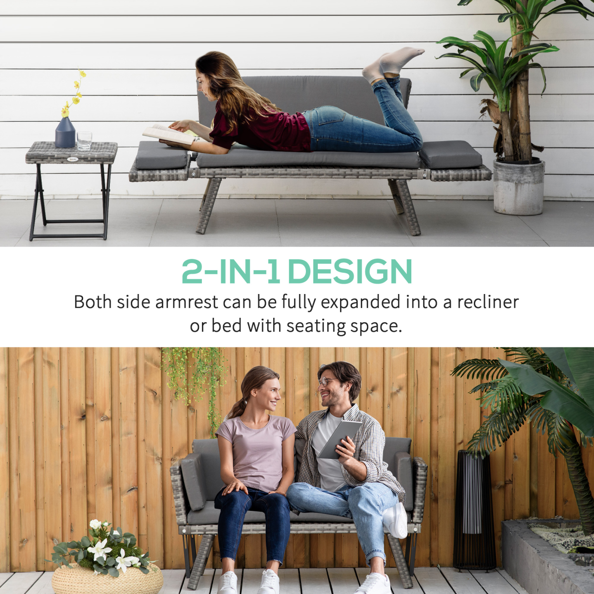 Outsunny 2-in-1 Rattan Folding Outdoor Daybed Sofa, Grey, with Cushion