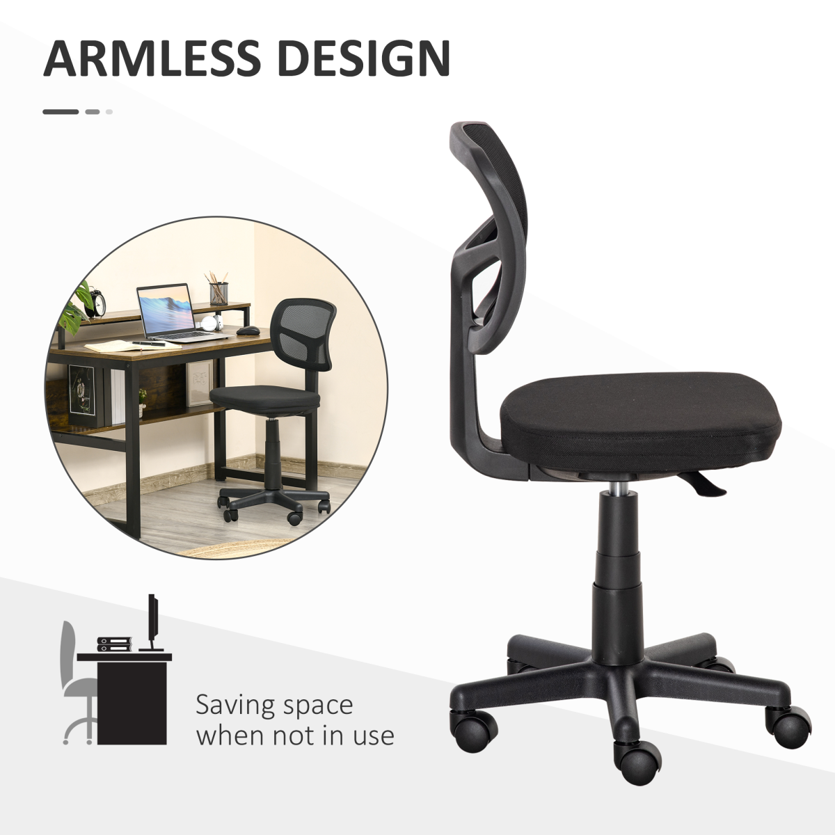 Vinsetto Ergonomic Armless Mesh Office Chair, Swivel Desk Chair
