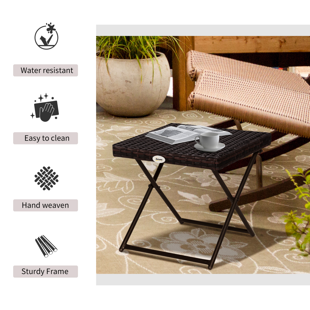 Outsunny Folding Square PE Rattan Coffee Table, Steel Frame, Outdoor Bistro Balcony Garden, Brown