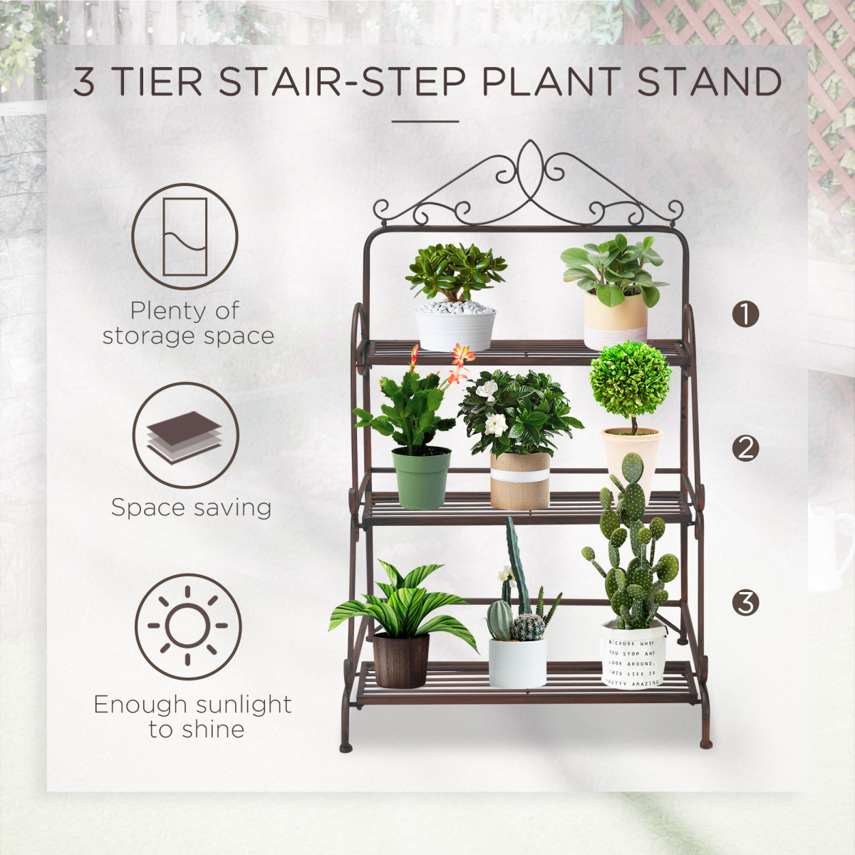 Outsunny 3-Tier Freestanding Metal Stair-Style Plant Stand with Scrollwork, Flower Pot Holder Display Shelf