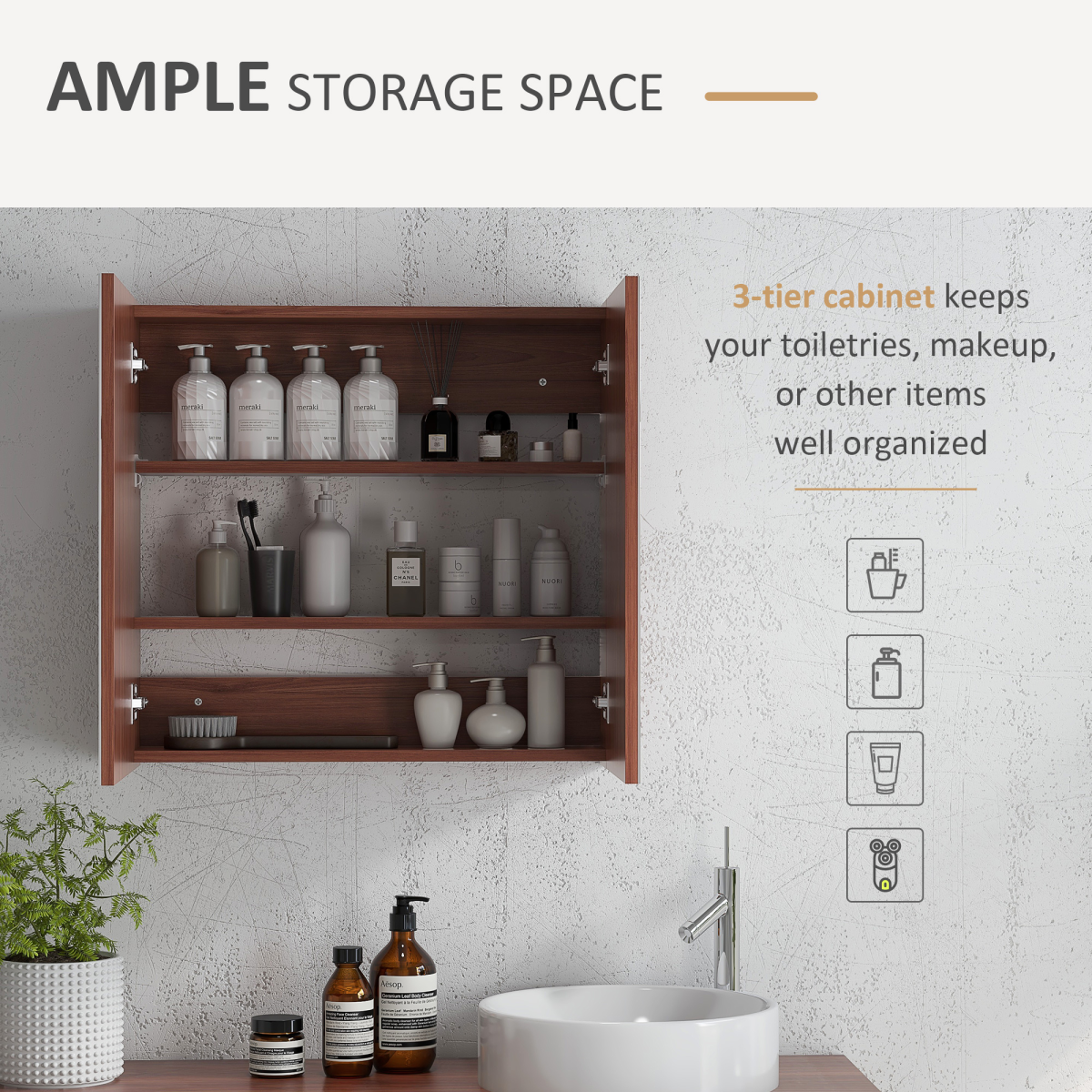 kleankin 63W x 60H cm Double Door Wall-Mount Bathroom Mirrored Medicine Cabinet
