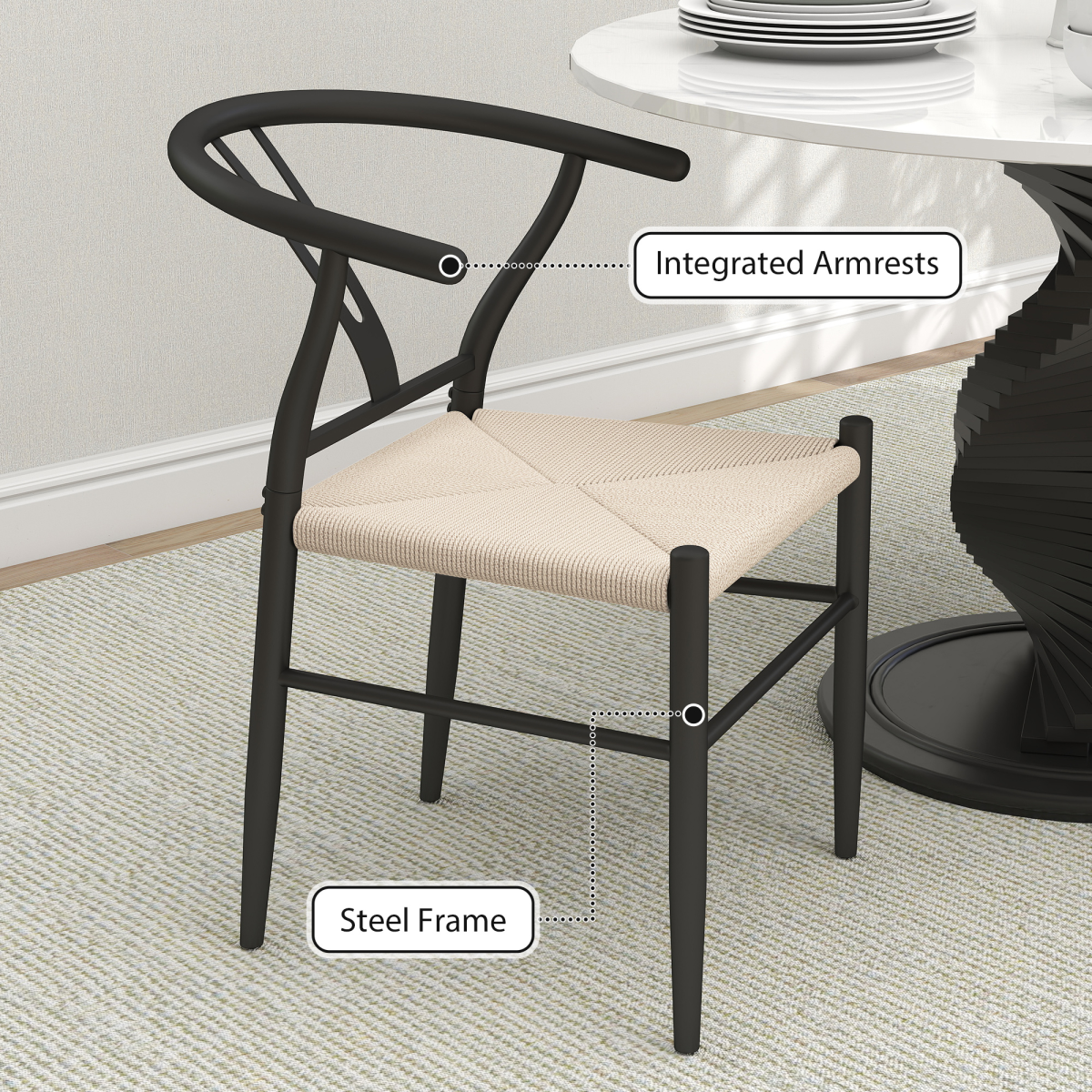 HOMCOM Set of 2 Dining Chairs, Hand-Woven Rope Seat, Black