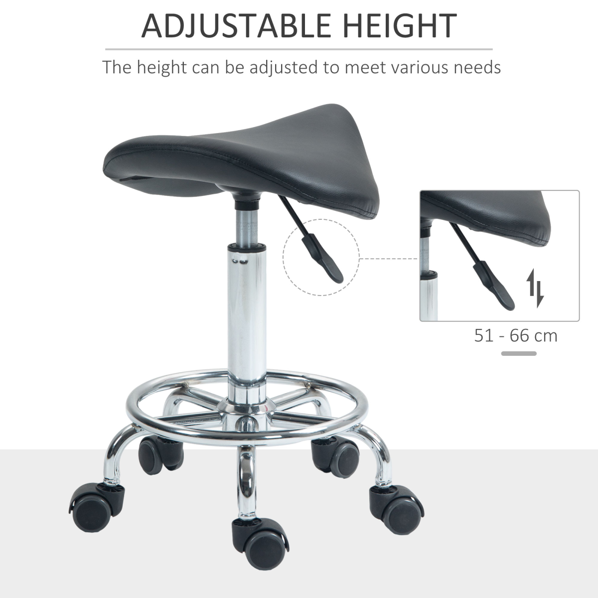 HOMCOM Adjustable Saddle Stool with Rolling Castors, Black