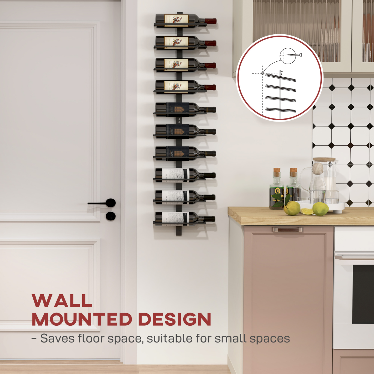 HOMCOM Wall-Mounted 10-Bottle Wine Rack, Black Steel