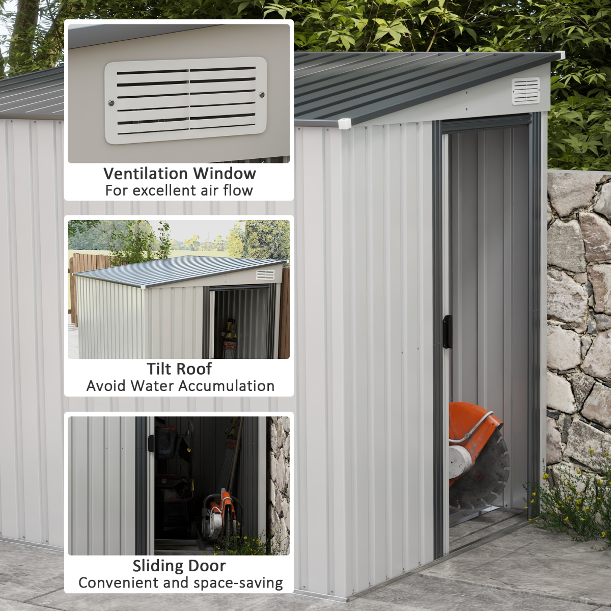 Outsunny 5 x 7 ft White Galvanized Steel Lean-To Garden Shed with Floor Foundation, Sliding Doors and Ventilation Windows