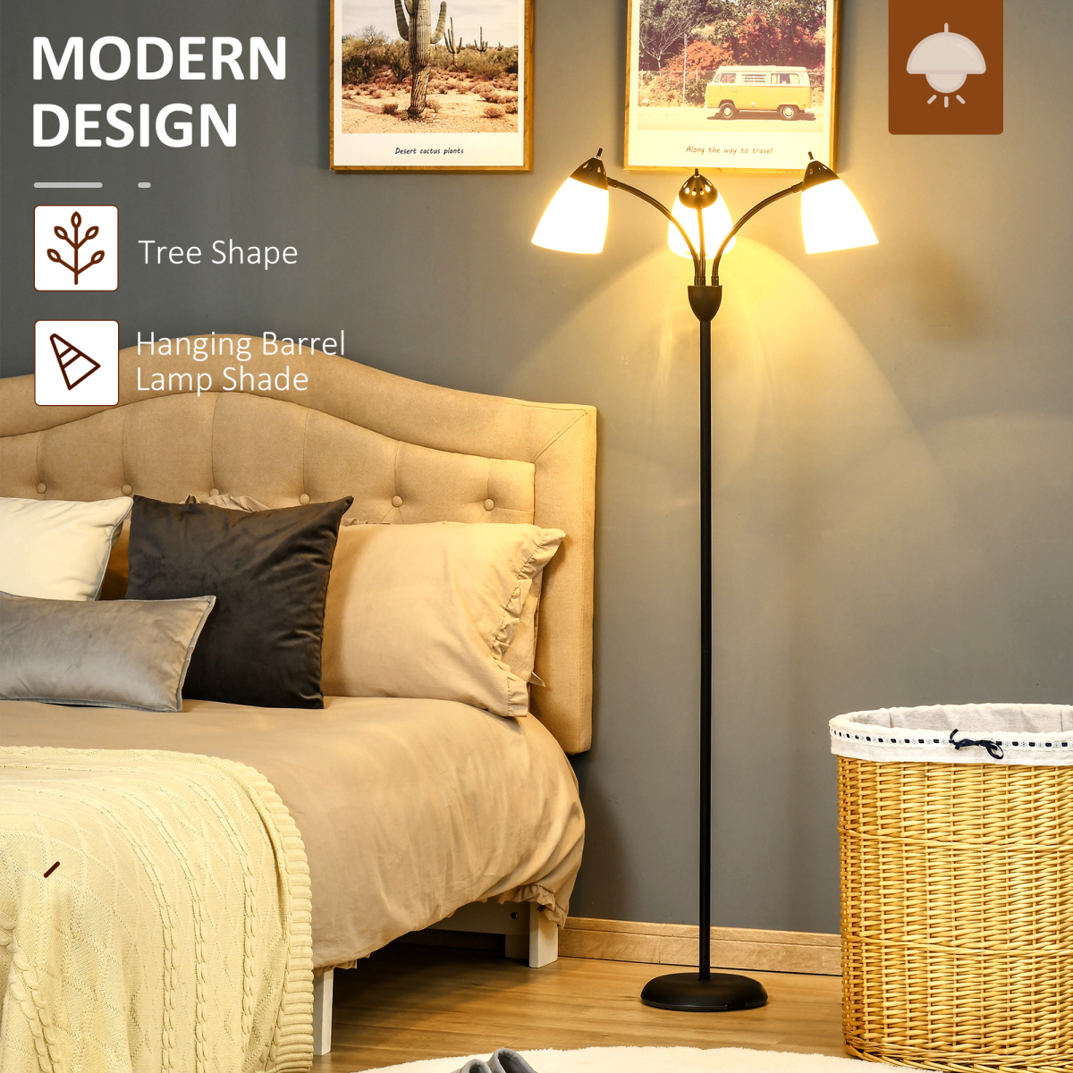 Arc Tree Floor Lamp 3 Adjustable Rotating Lights, with Steel Frame, 155cm, Black