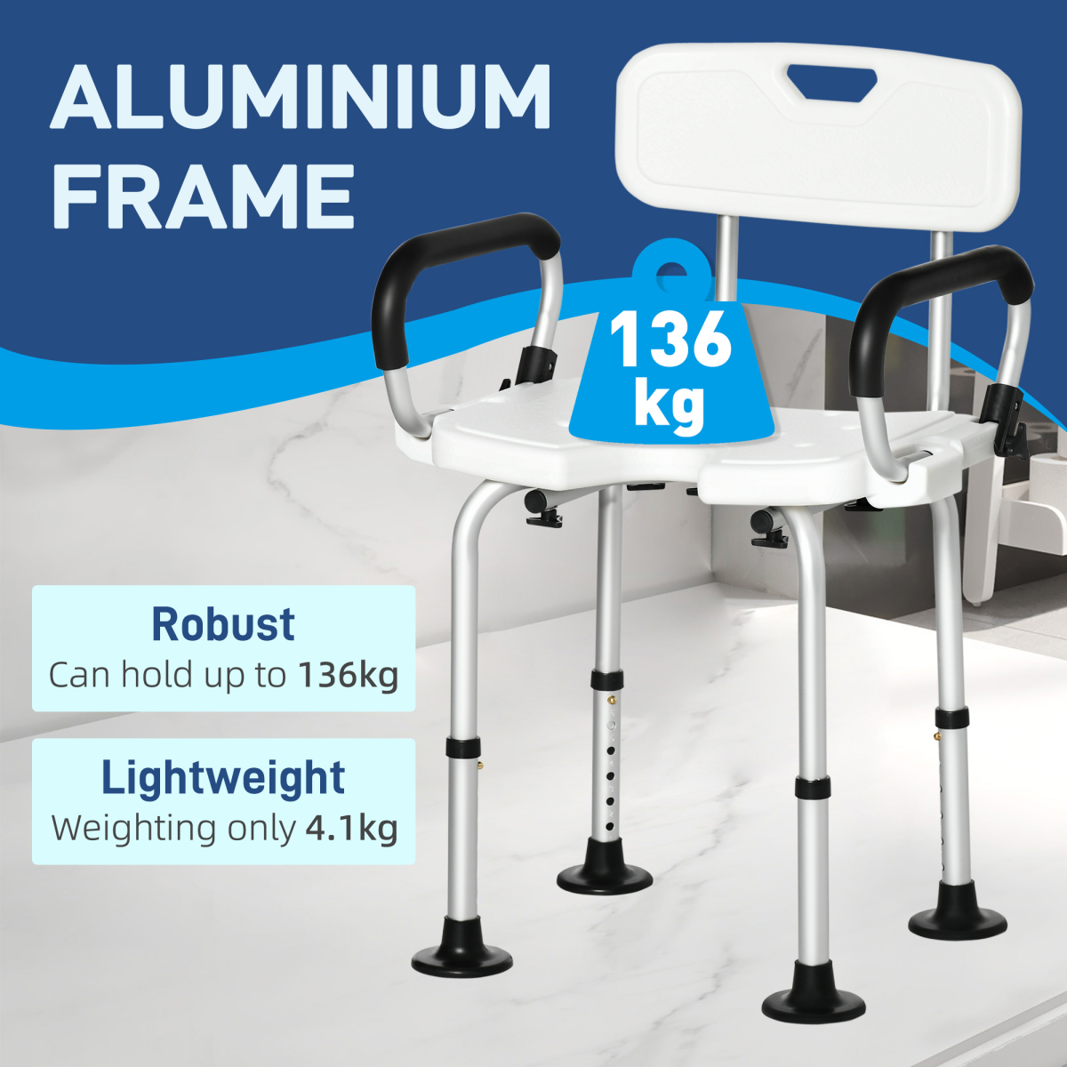 HOMCOM Adjustable Height Shower Stool with Suction Feet, High Back, Padded Arms and Drainage Seat for Elderly and Disabled