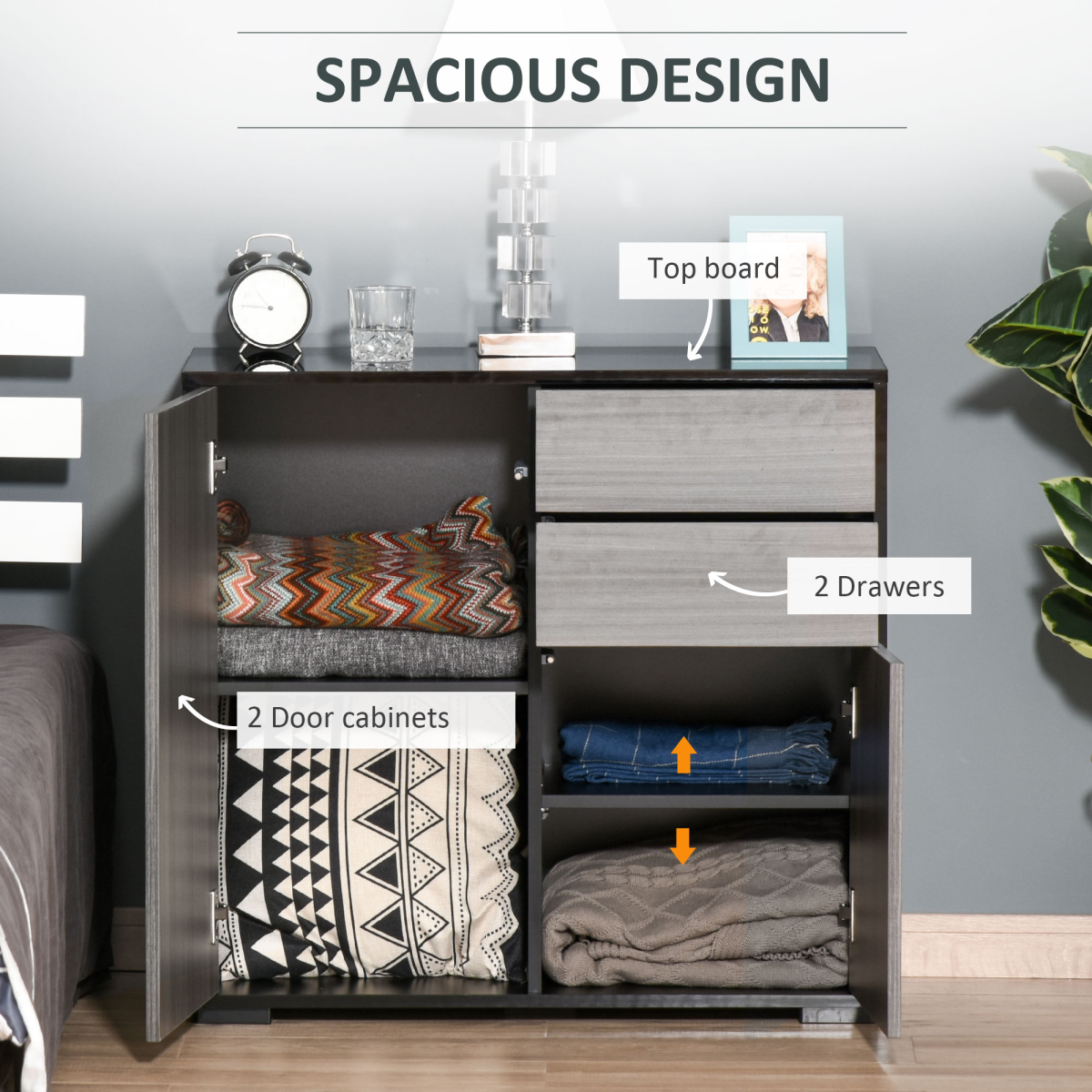 Side Cabinet with 2 Doors and 2 Drawers for Home Office, Grey and Black