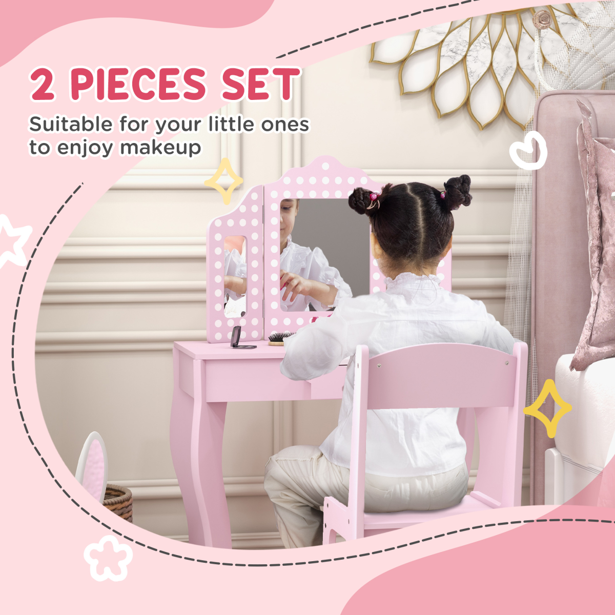 AIYAPLAY Kids Dressing Table Set, Pink, with Stool, Mirror & Drawer