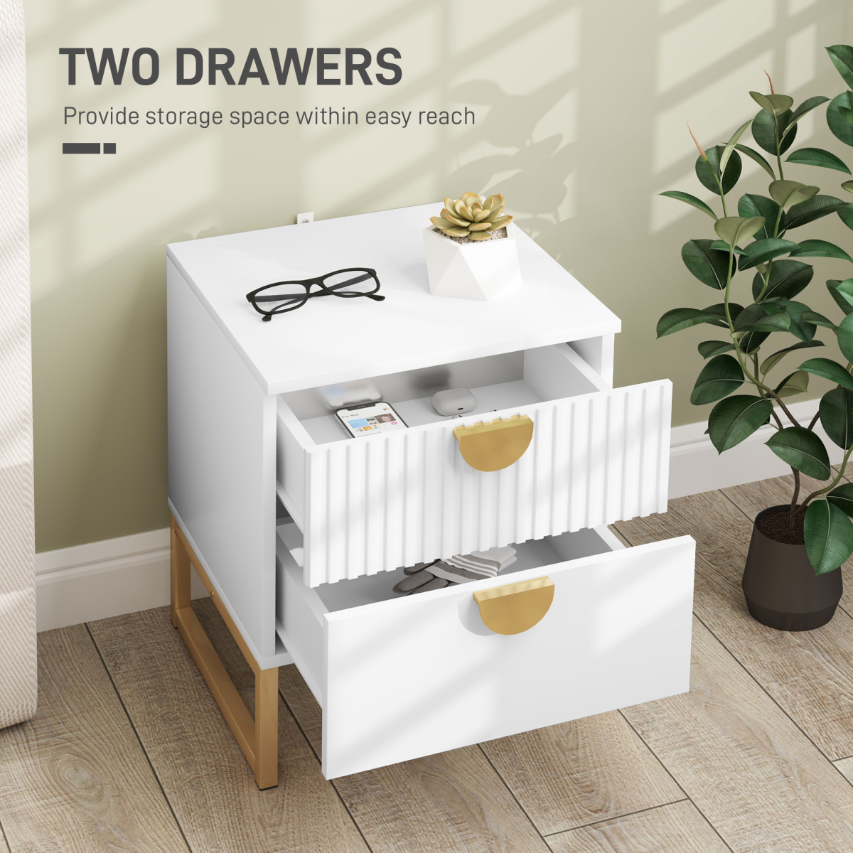 HOMCOM White Bedside Table with 2 Drawers, MDF, Metal Base