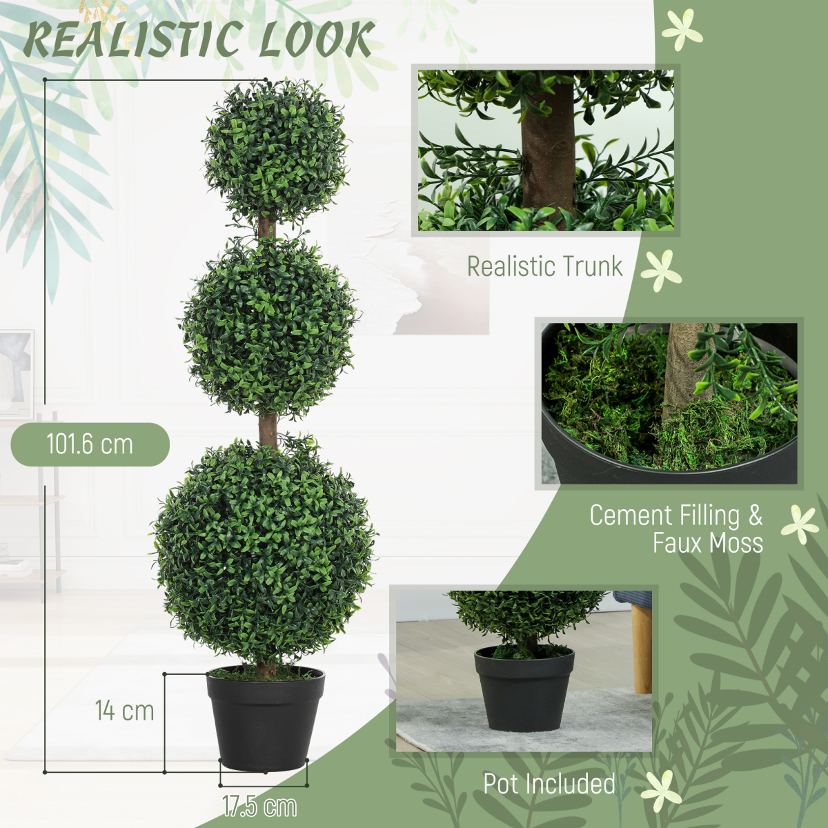 HOMCOM Set of 2 Artificial Boxwood Topiary Trees in Pot, Green
