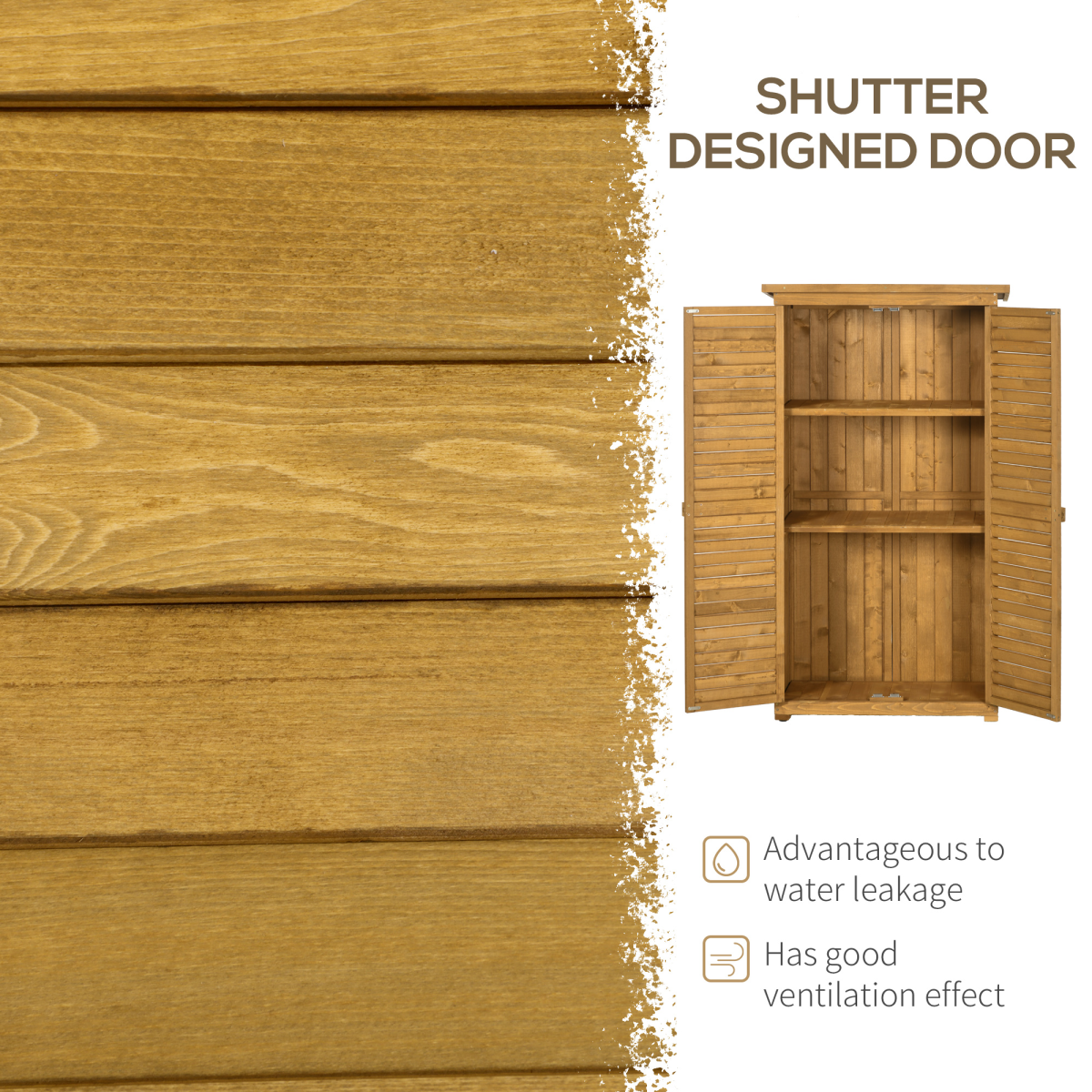 Outsunny Wooden Garden Storage Shed, Solid Fir Wood 3-Shelf Tool Cabinet with Double Doors and Lock