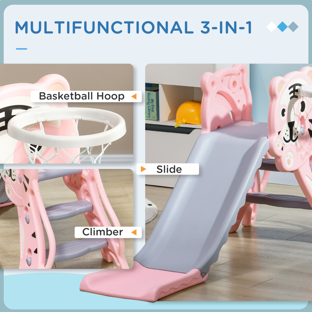 AIYAPLAY Kids Slide with Basketball Hoop, Pink, 18-36 Months