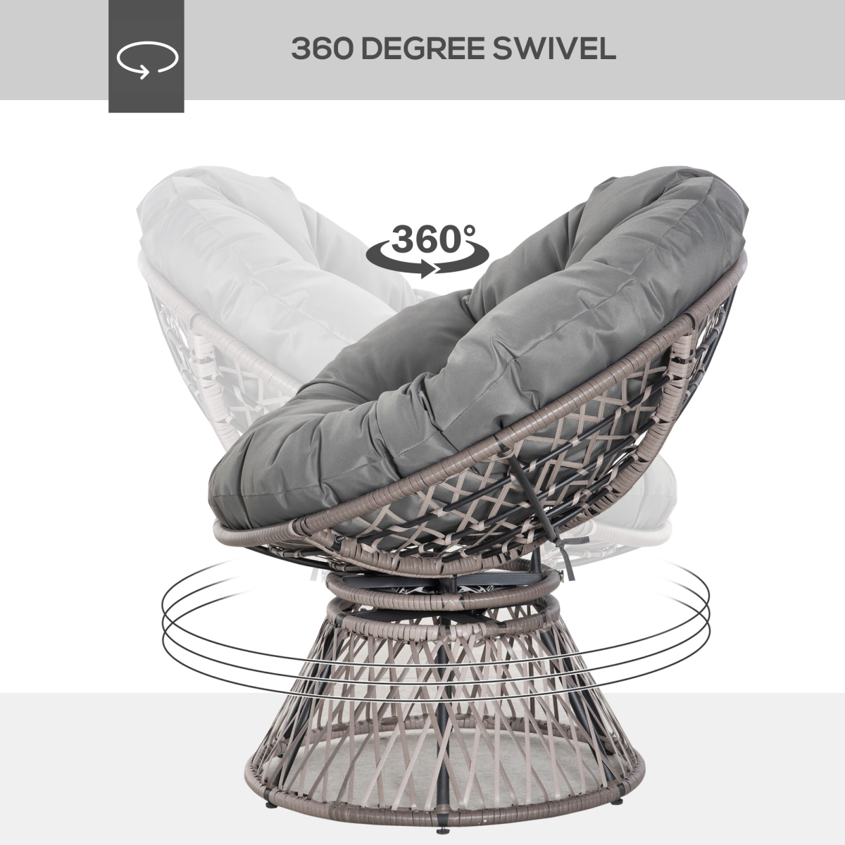 360° Swivel Rattan Papasan Moon Bowl Chair with Cushion, Outdoor, Grey, Outsunny