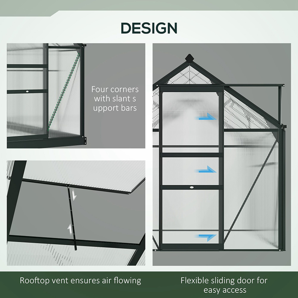 Outsunny 6x6ft Walk-In Polycarbonate Greenhouse, Aluminium Frame, Sliding Door