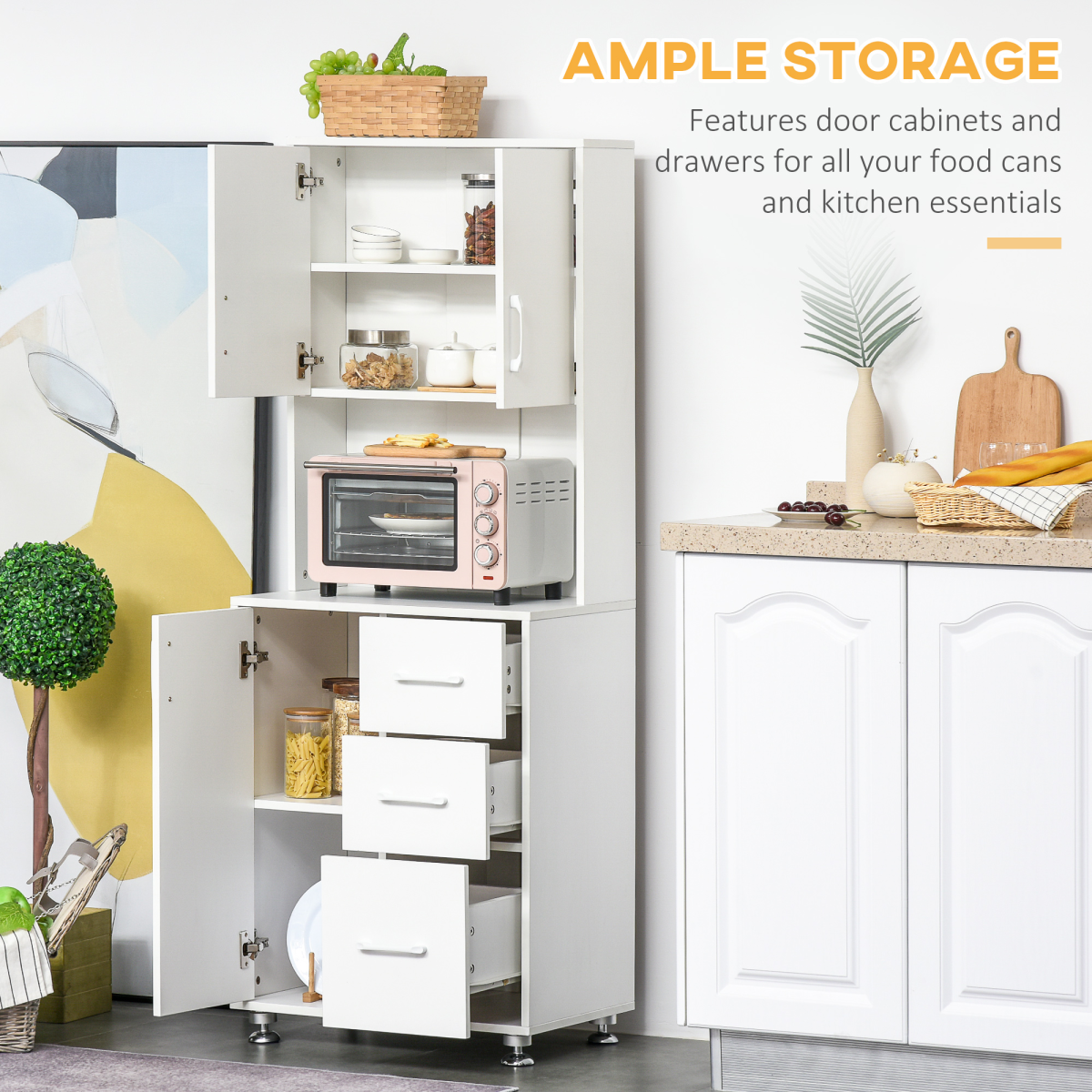 HOMCOM Kitchen Buffet Storage Cabinet with 2 Cabinets and 3 Drawers, 60 x 40 x 150 cm, White