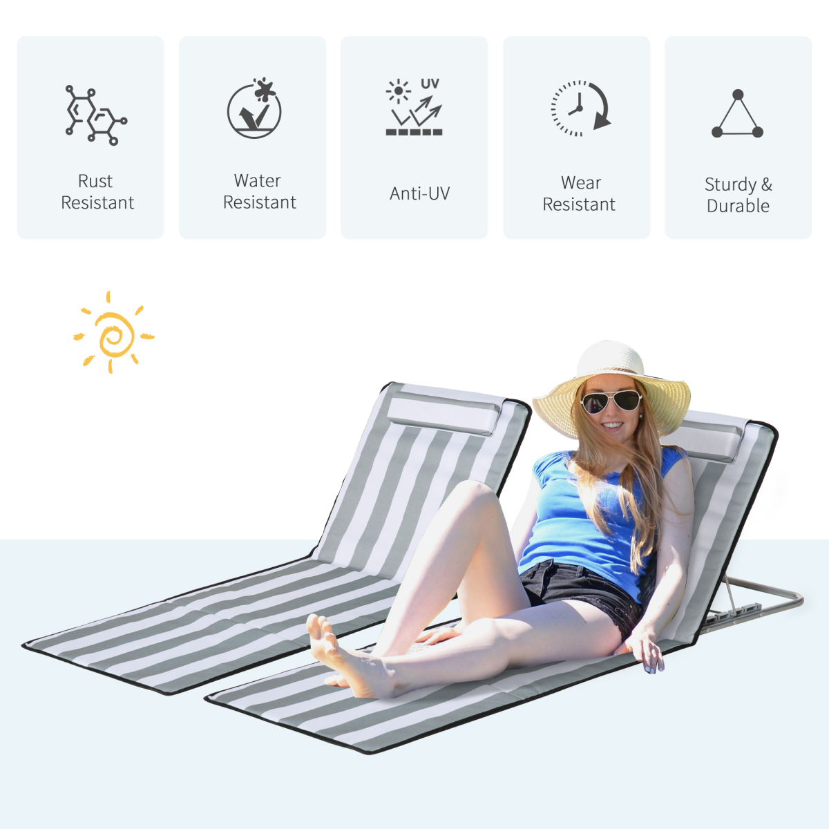 Outsunny 2-Piece Steel Reclining Beach Lounger Set with Pillow, Grey