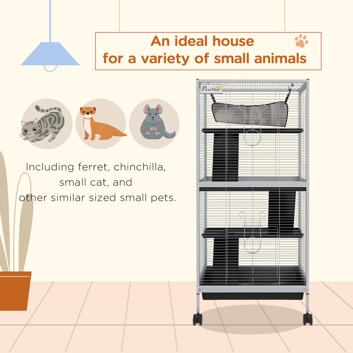 PawHut Rolling Small Animal Cage for Chinchillas, Ferrets and Kittens, Grey
