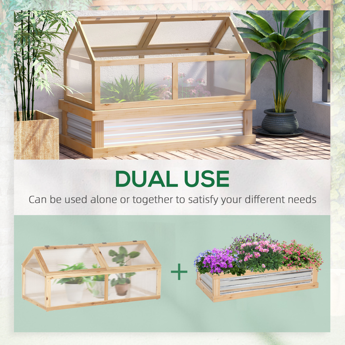 Outsunny Raised Garden Bed with Greenhouse Top, 122 x 61 x 81.7 cm, Natural Hardwood Frame, Polycarbonate Panels, Openable Roof