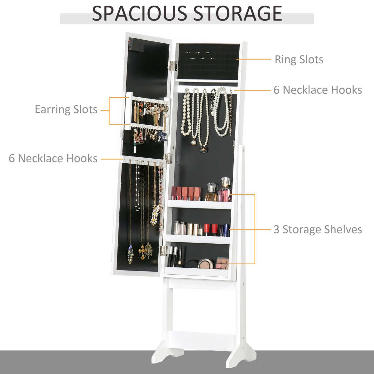 HOMCOM LED Mirrored Jewellery Cabinet with Full-Length Adjustable Mirror, Jewellery Storage Organizer, White, 36 x 30 x 136 cm