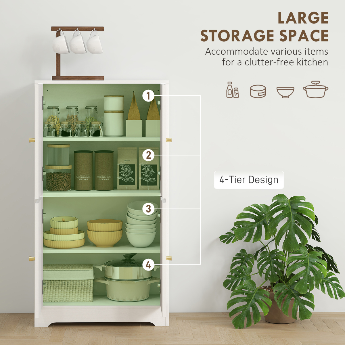 HOMCOM 110cm White Kitchen Cupboard with 4 Arched Doors and Adjustable Shelves