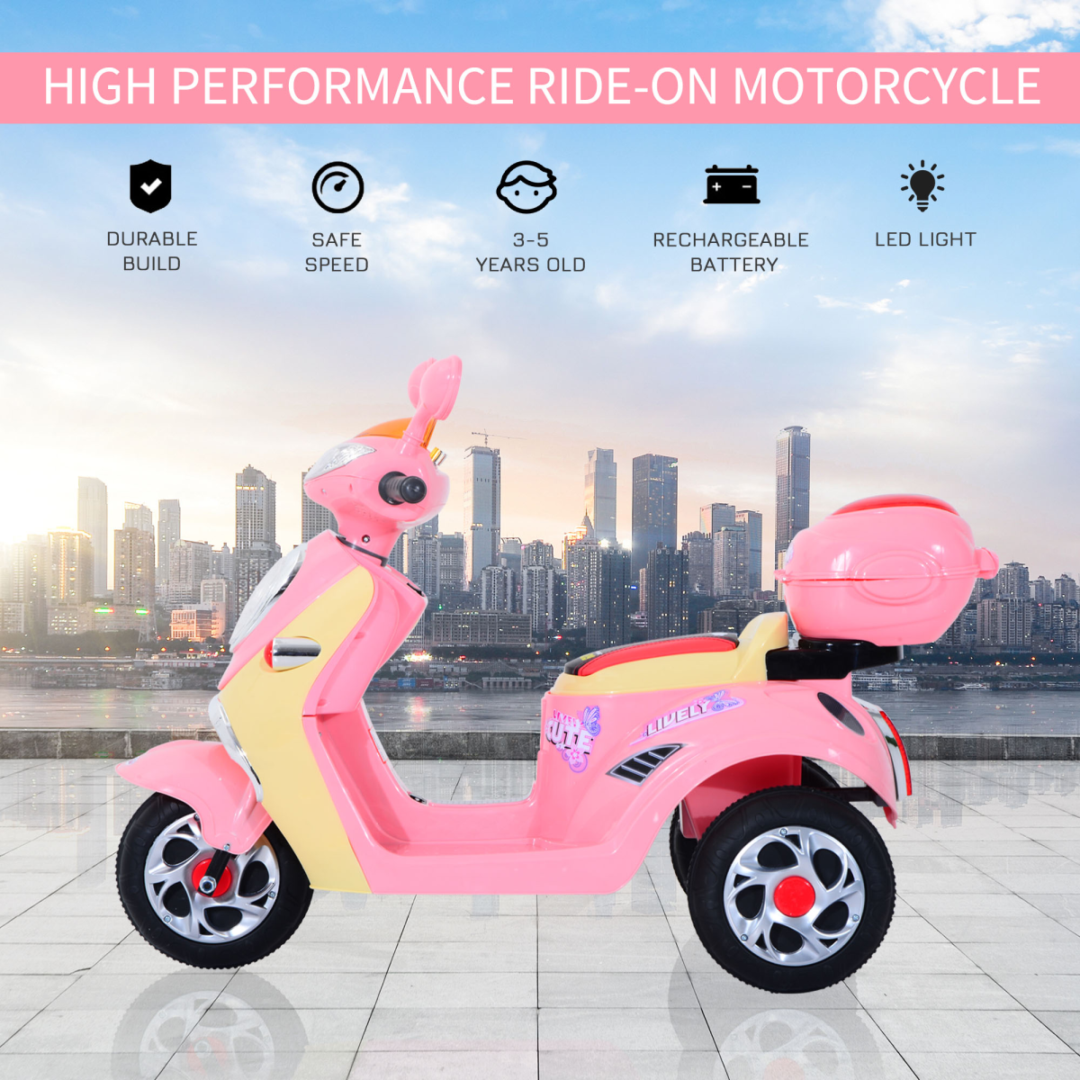HOMCOM Kids Electric Ride On Motorbike, 3-Wheel Battery Tricycle with Headlight, Music, Forward/Backward Control, Ages 3-5