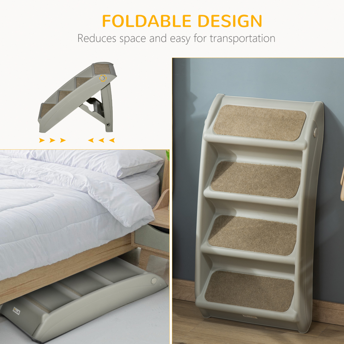Foldable Non-Slip Pet Stairs for Cats and Small Dogs, Portable Dog Steps for Bed and Sofa, Grey