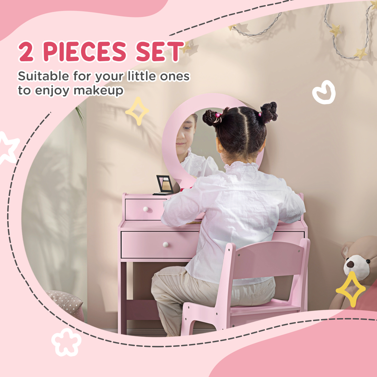 AIYAPLAY Pink Kids Vanity Table and Stool Set with Mirror, 4 Drawers