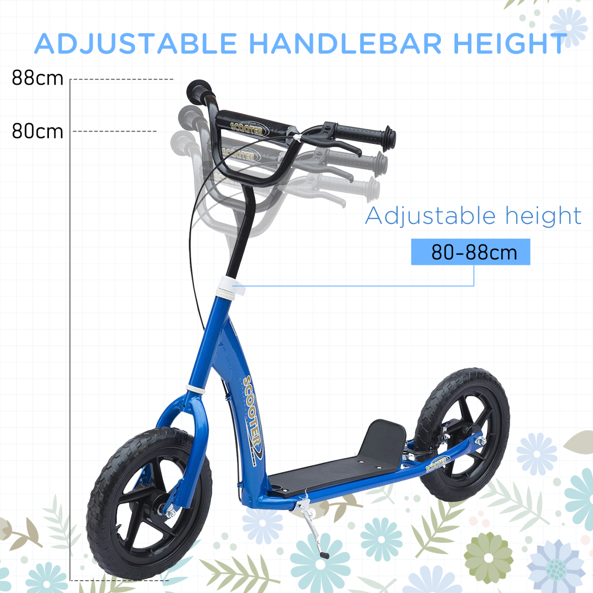 Blue Kids Adjustable Scooter with 12in Foam Wheels, Steel Frame