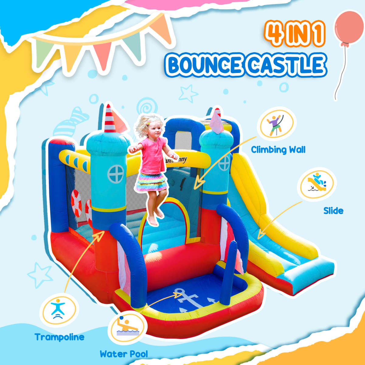 Kids Inflatable Bouncy Castle with Slide, Pool, Trampoline & Blower