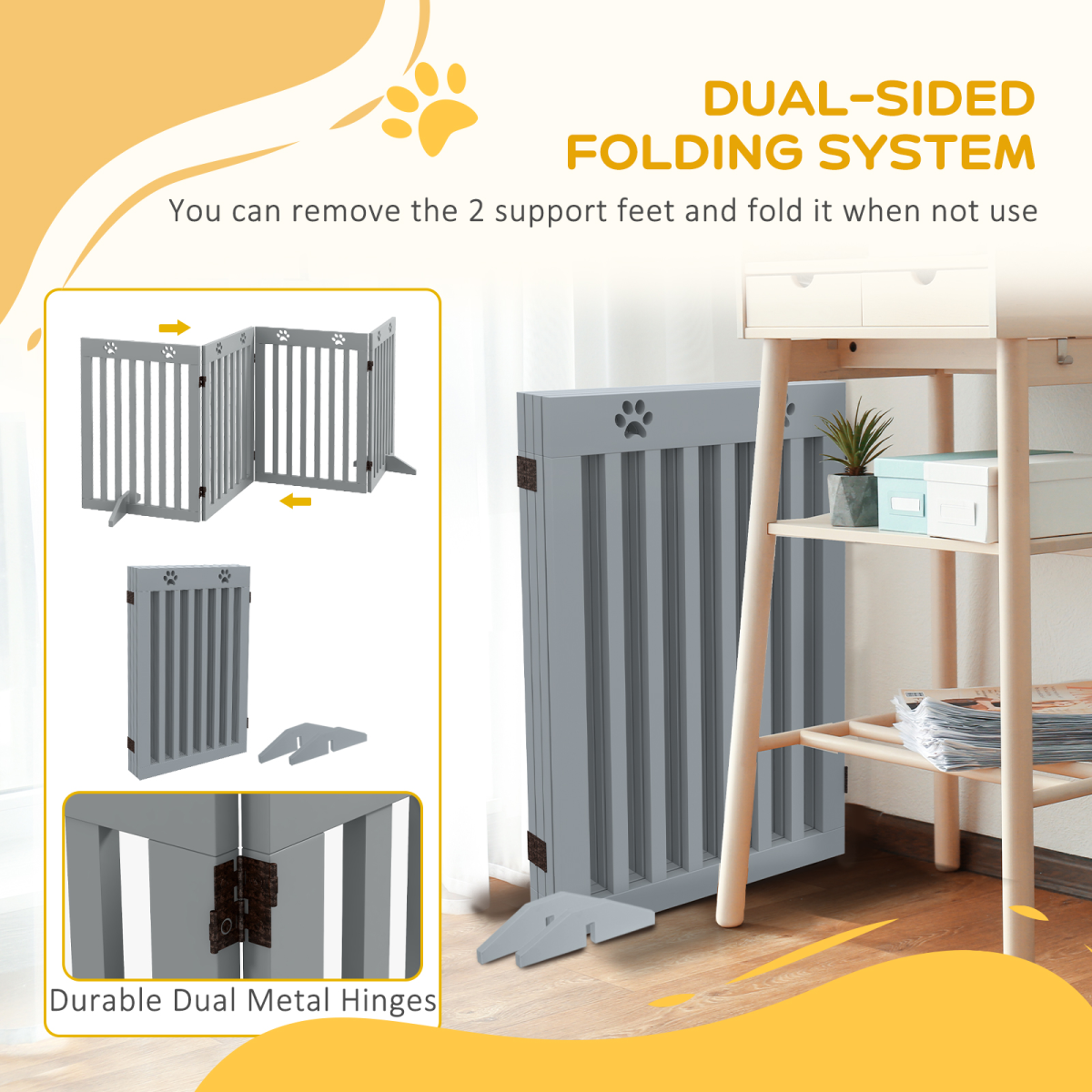 PawHut Foldable Freestanding Dog Gate with Support Feet, Grey