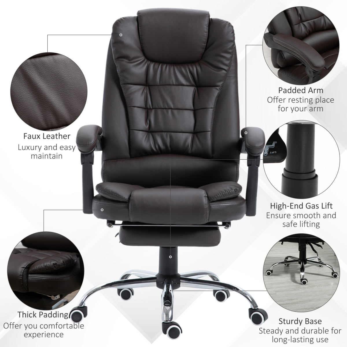 High Back Executive Office Chair with Reclining Backrest, Retractable Footrest, Swivel Wheels, Brown